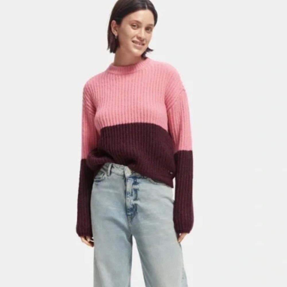 Cozy Scotch & Soda Pink and Dark Burgundy Colorblock Ribbed Sweater
